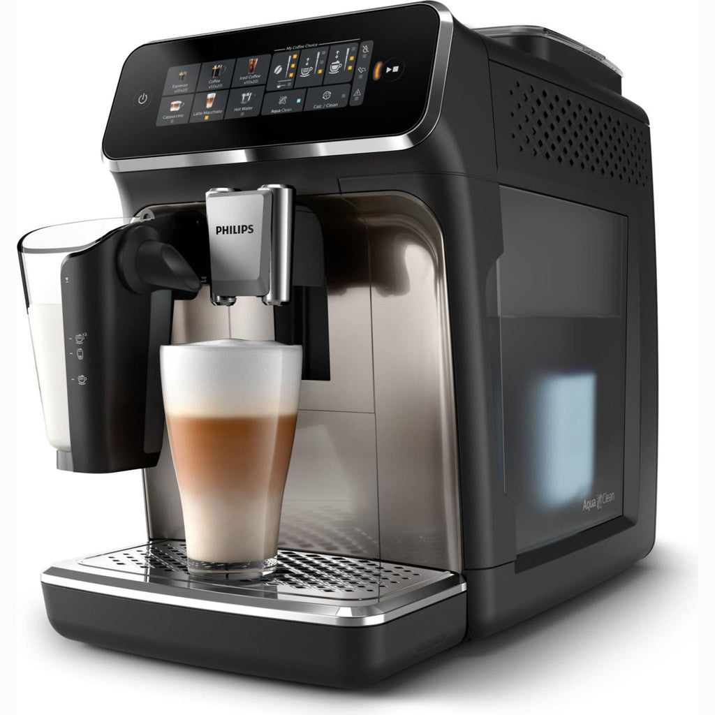Philips Series 3300 Kaffeevollautomat EP3347/90 - 6 Getränke, Farb Touchscreen Display, LatteGo Milchsystem, SilentBrew, Keramikmahlwerk, AquaClean Filter - Schwarz/Chrom